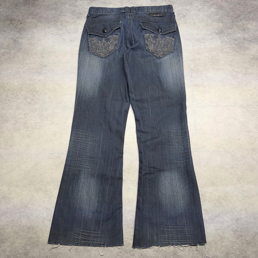 Guess Wyatt Wide Boot Cut Embroidered Pocket Grunge Distressed Jeans Mens 31x30